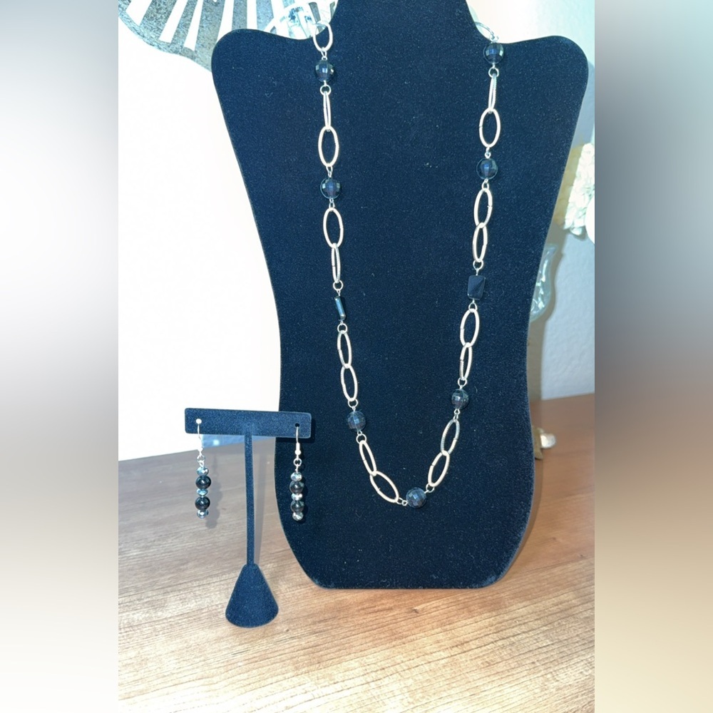 12" Chain Link Black Silver Beaded Necklace and Earring Set